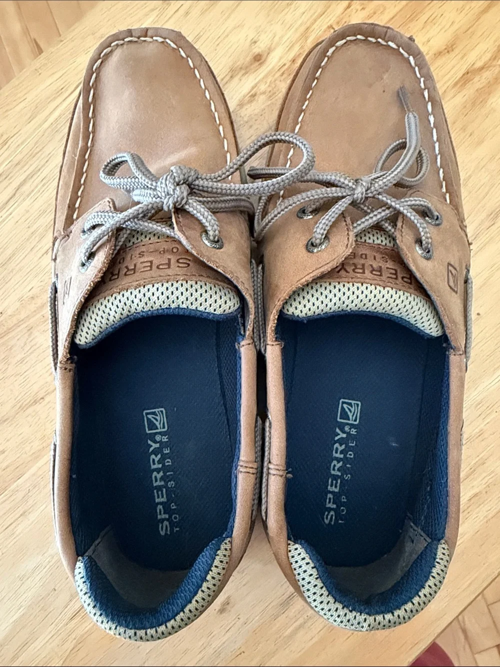 Sperry Tan Leather Moc Toe Boat Shoes with Navy Insoles